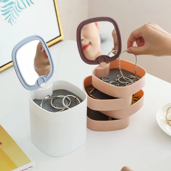 Rotating Jewelry Box – Ring & Earring Storage with Mirror